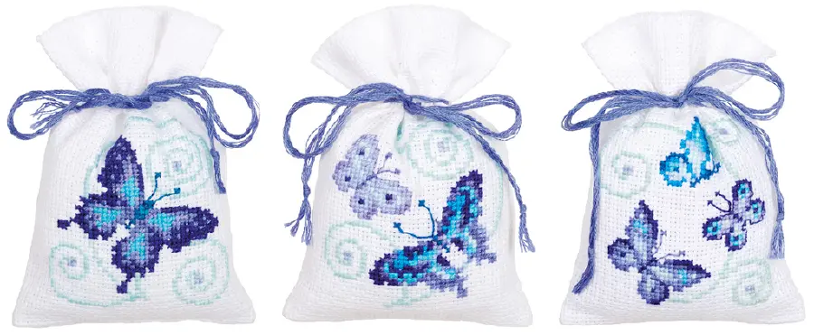 PN-0146430 Набор для вышивания крестом (мешочек) Vervaco Blue Butterflies Bags, 3 по 8х12, аида 18.. Catalog. Kits